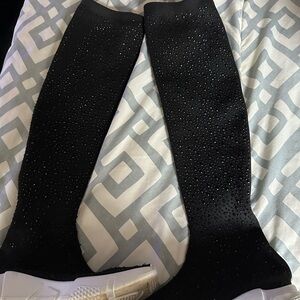 Black Rhinestone Knee-High Boots